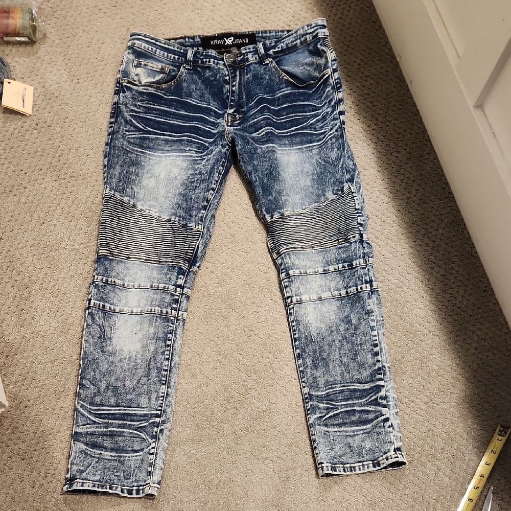 Xray Jeans Mens 34x30 Dark Blue Moto Jeans Stretch Straight Leg XR.